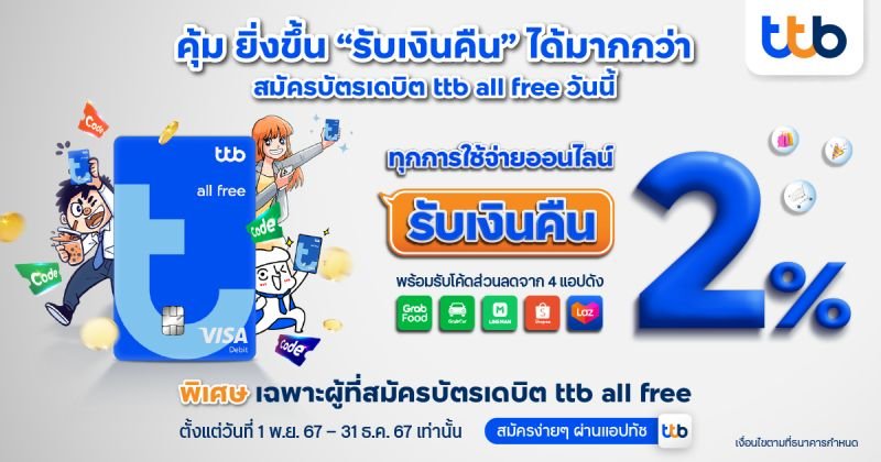 บัตรเดบิต ttb all free ส่งความสุขให้มนุษย์ออฟฟิศ มอบเงินคืน 2% ทุกการใช้จ่ายออนไลน์