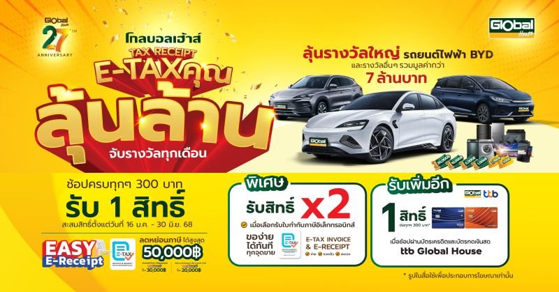 โกลบอลเฮ้าส์ขานรับนโยบายรัฐ จัดแคมเปญ “โกลบอลเฮ้าส์ TAX RECEIPT E-TAX คุณ ลุ้นล้าน”